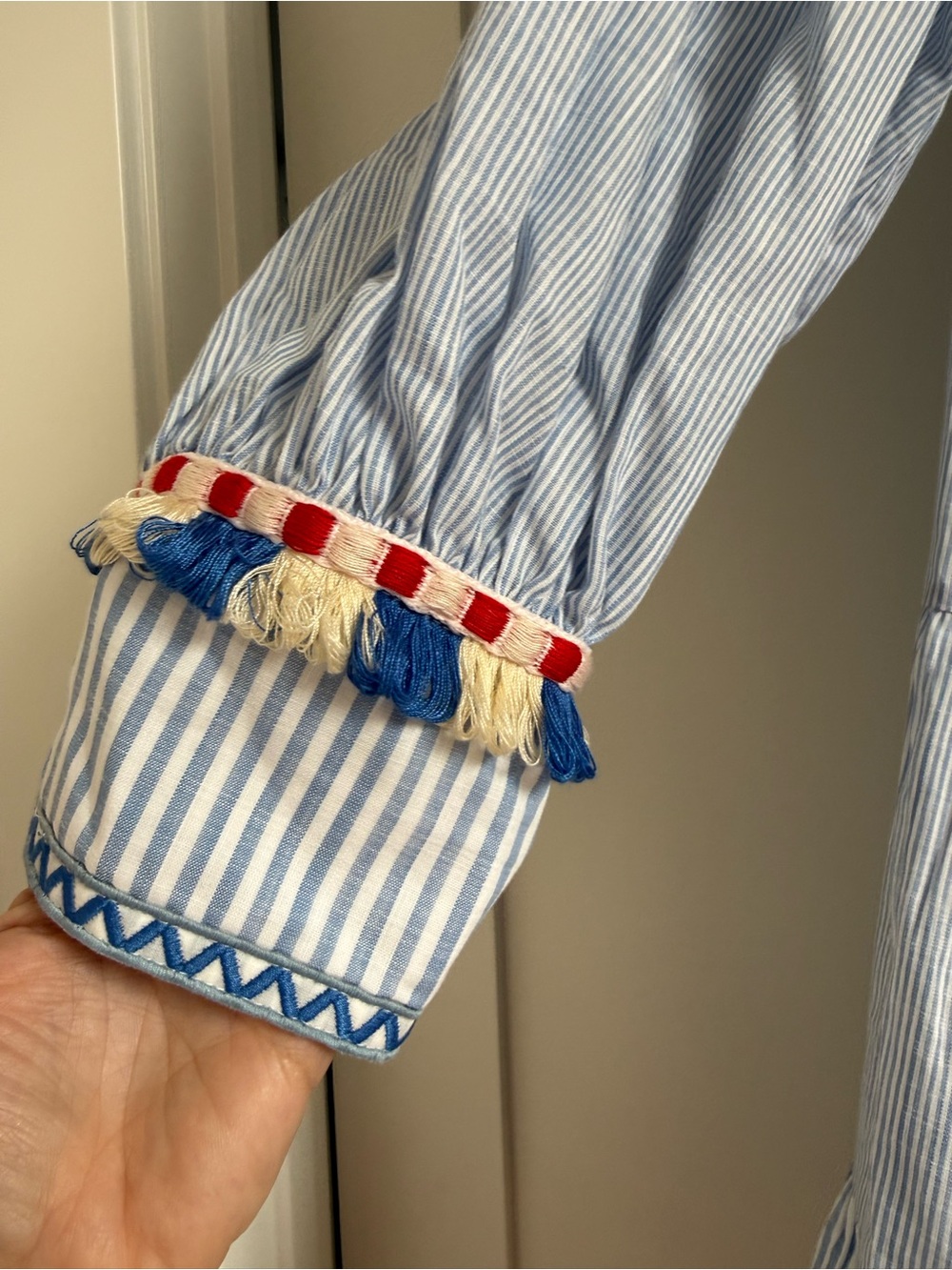 Tuckernuck Light Blue Striped Tiered Dress with Red & Navy Tassels - Picture 2 of 6